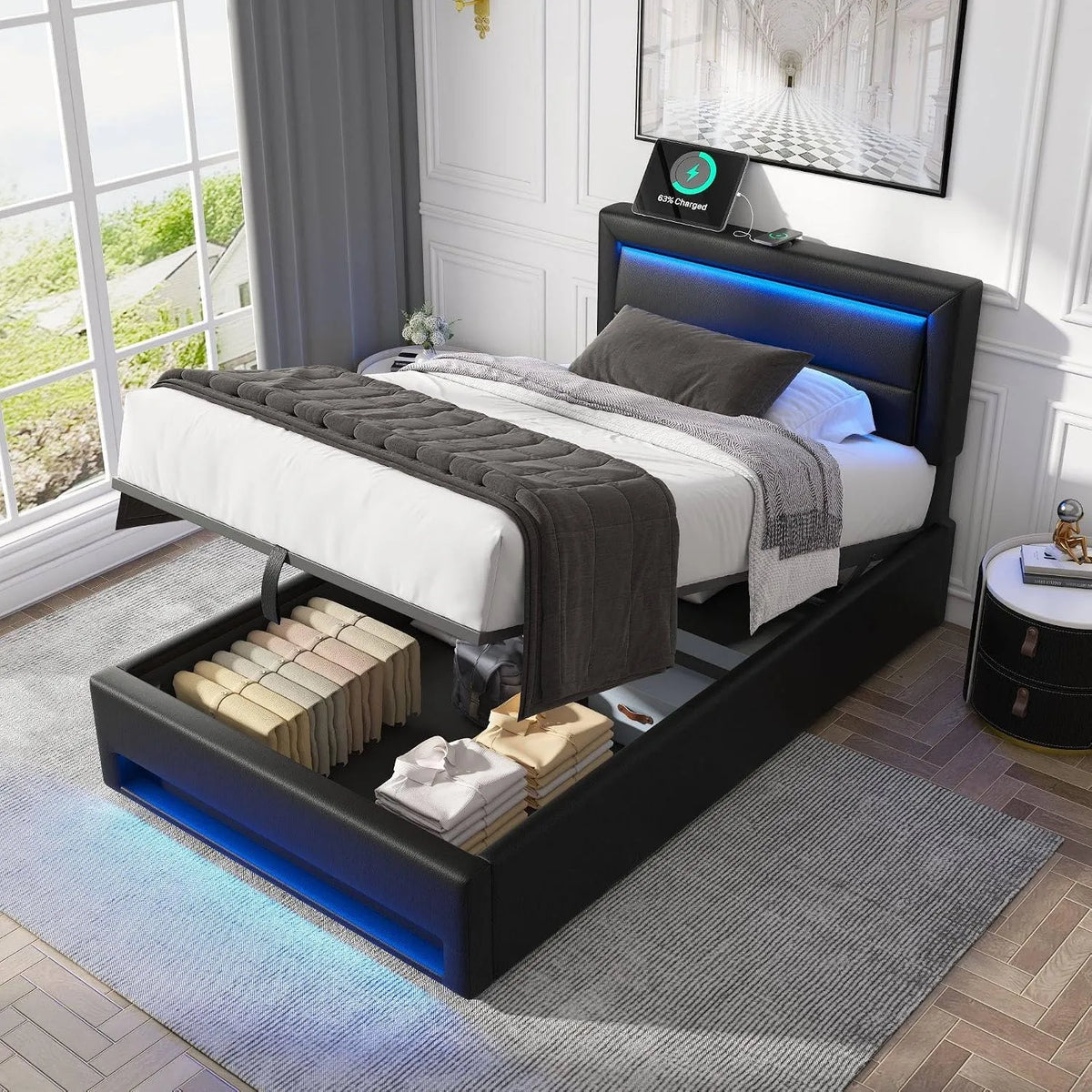 Letto imbottito e struttura letto rivestita — con contenitore, con porta USB, display LED, 90 × 200 cm, nero