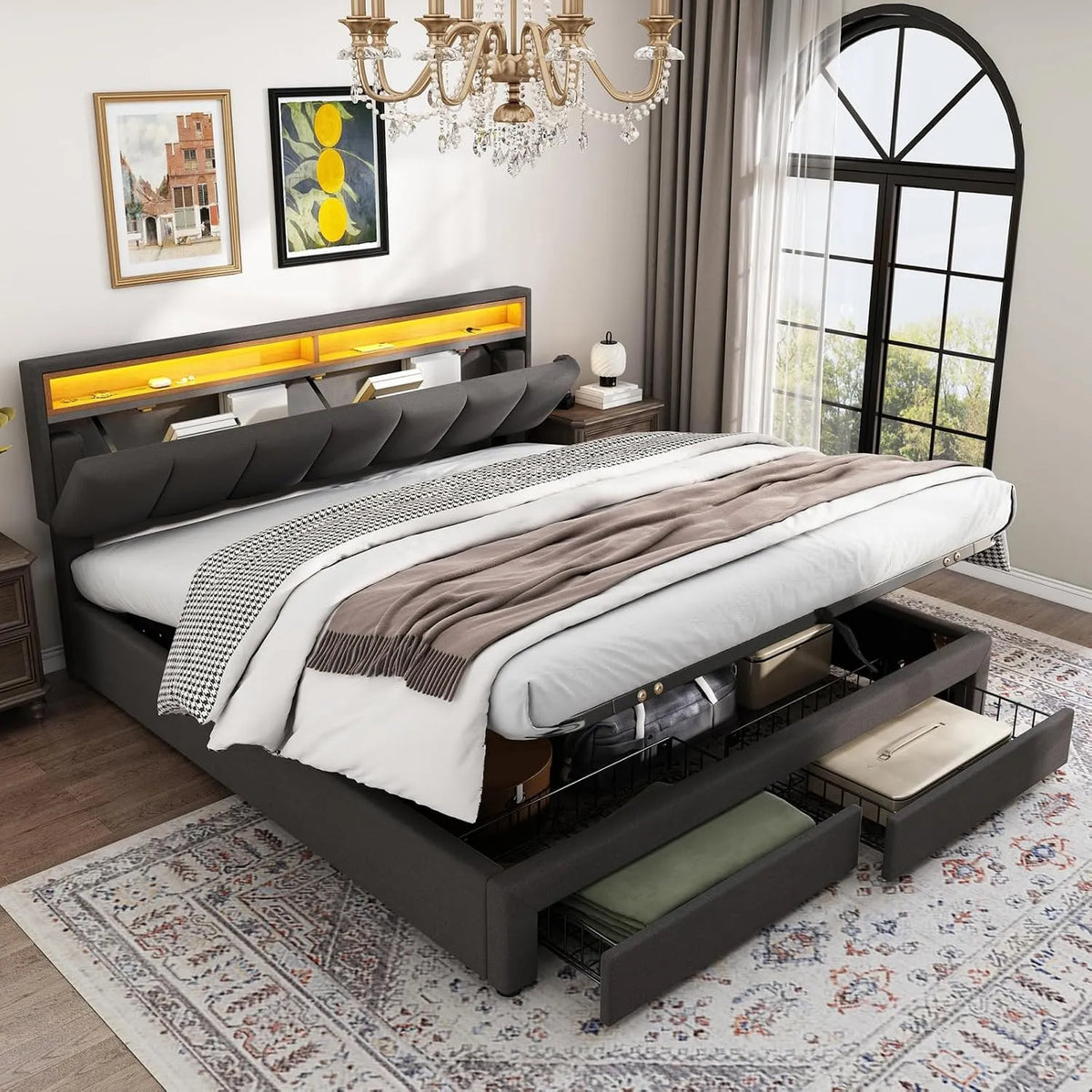 Letto con stoccaggio idraulico 160x200 — con cassetti, display LED, 2 cassetti, 160 × 200, grigio