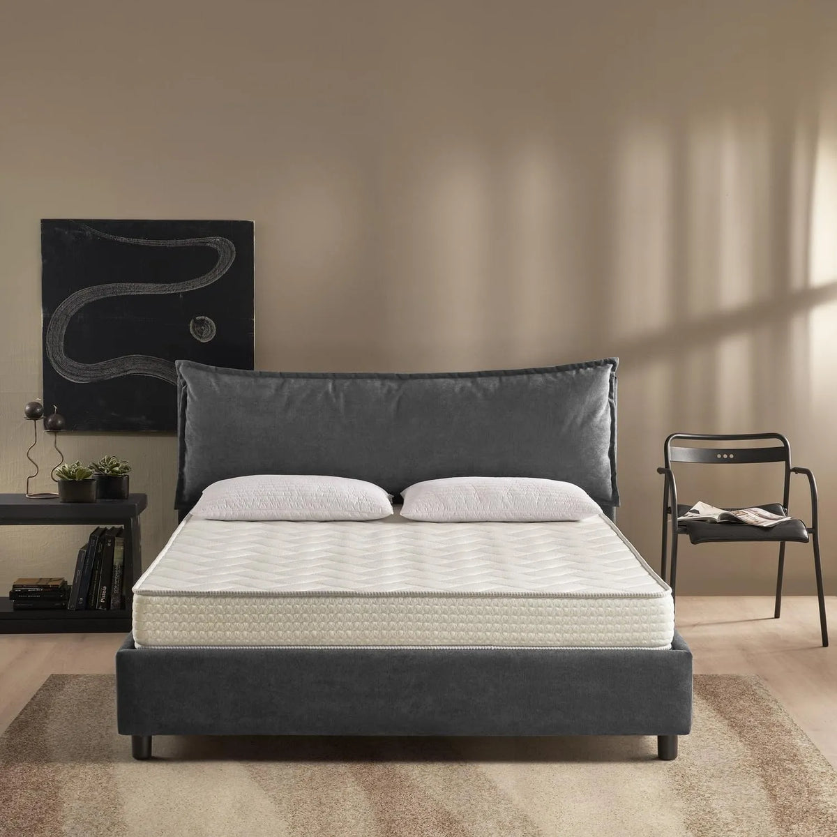 Letto Matrimoniale con Box Contenitore — SFODERABILE, rivestimento in tessuto, in legno, con contenitore, con cuscini, 160 × 195 cm, grigio