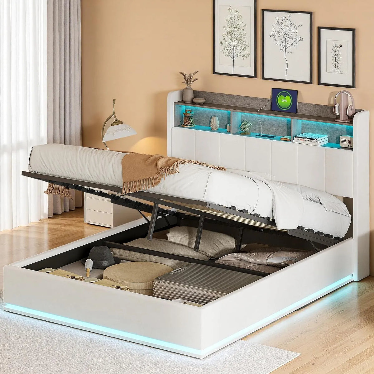Letto matrimoniale 140 x 200 cm — con contenitore, con porta USB, display LED, 140 × 200 cm, rivestimento in velluto