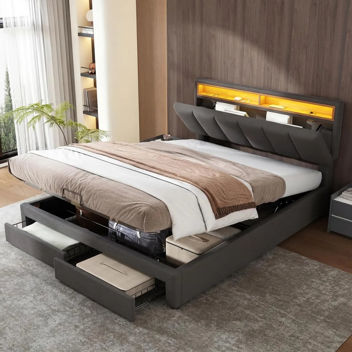 Letto con stoccaggio idraulico 140x190: con cassetti, display LED, 2 cassetti, 140 × 190, grigio