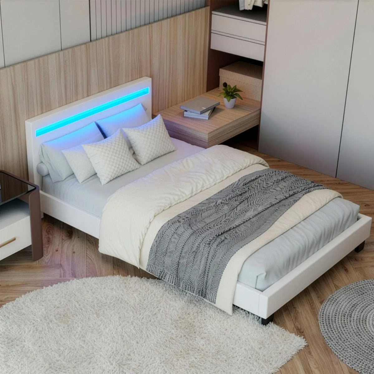 Letto imbottito e struttura letto rivestita — display LED, 120 × 200 cm, bianco, rivestimento in pelle