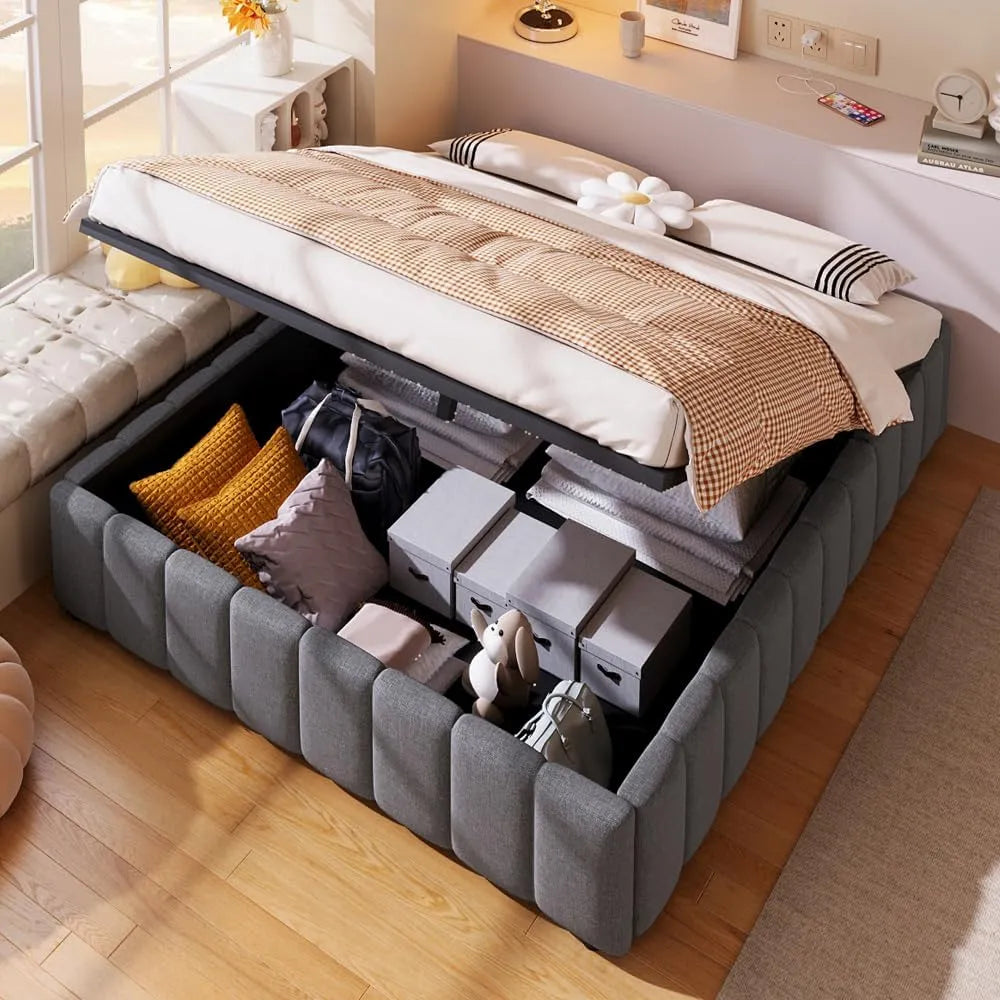 Letto imbottito e struttura letto rivestita: rivestimento in tessuto, con contenitore, 140 × 200 cm, grigio