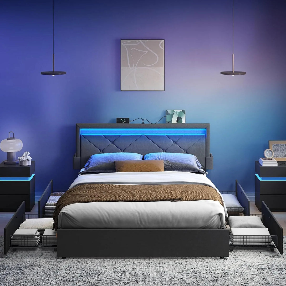 VASAGLE RMB828G02 Struttura per letto matrimoniale: con cassetti, regolabile, display LED, 4 cassetti, 160 × 200 cm, grigio, in metallo