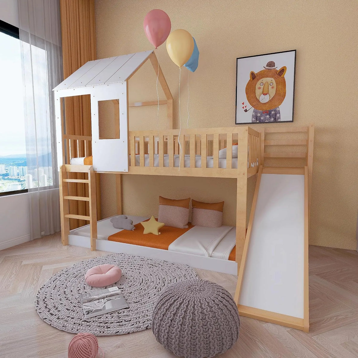 Letto a castello e letto salvaspazio – con scivolo, con protezione anticaduta, rivestimento in tessuto