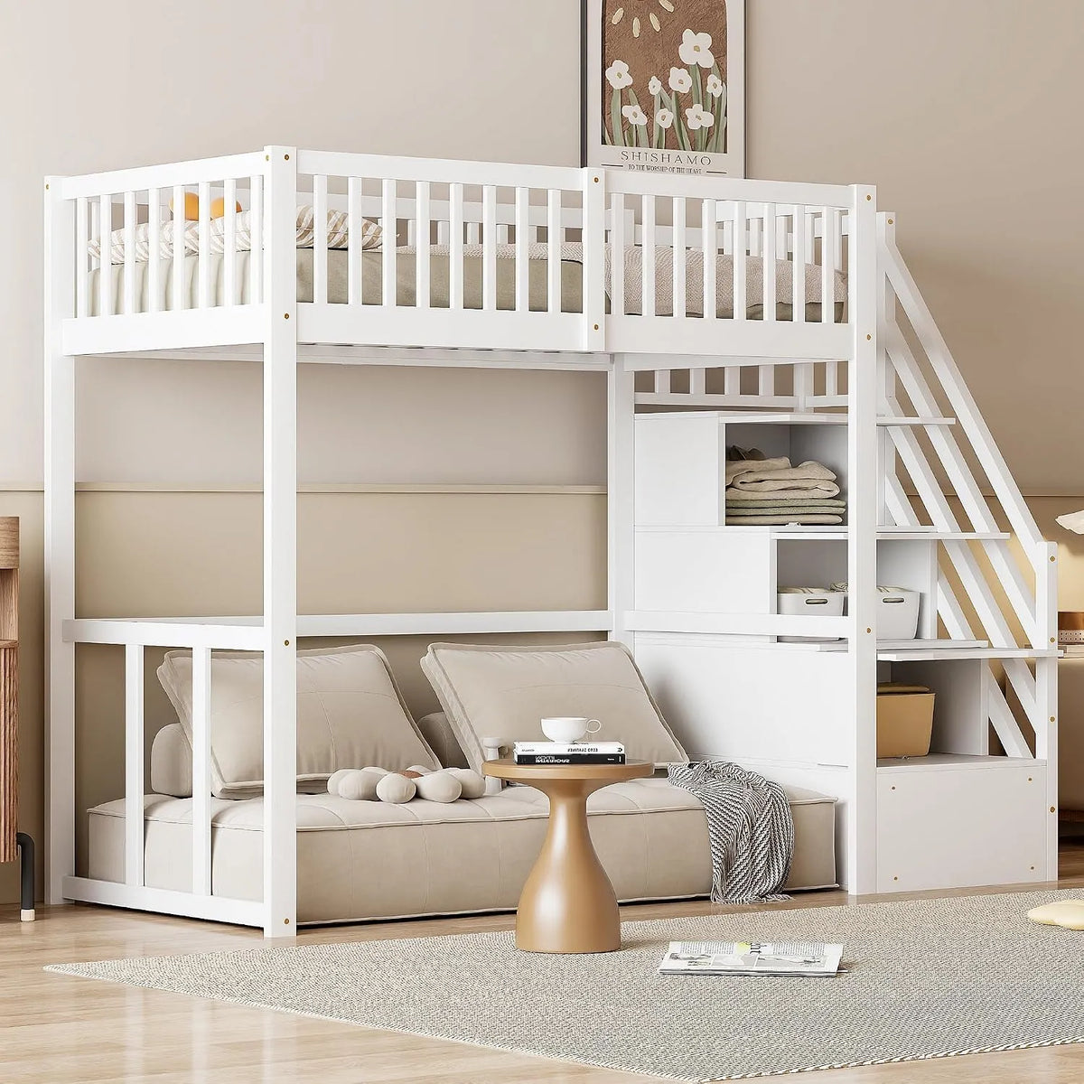 Letto a soppalco 90 x 200 cm con scala di — in legno, 90 × 200 cm, bianco