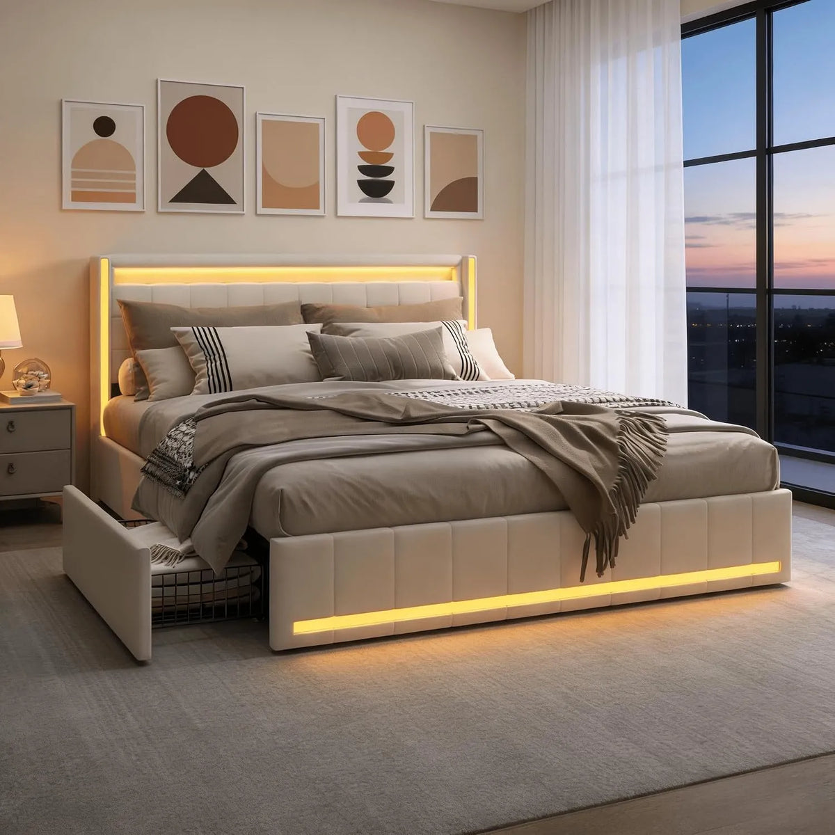 Letto imbottito e struttura letto rivestita – USB-C, con contenitore, con cassetti, con porta USB, display LED, 4 cassetti, 140 × 190