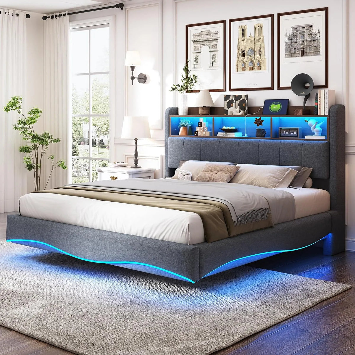 Letto matrimoniale imbottito 160x200 – rivestimento in tessuto, con contenitore, con porta USB, display LED, 160 × 200, 160 × 200cm, grigio