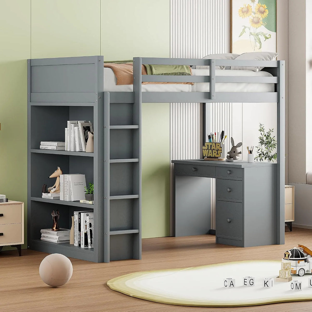 Letto a soppalco multifunzione per bambini in legno – 90 × 200 cm, grigio