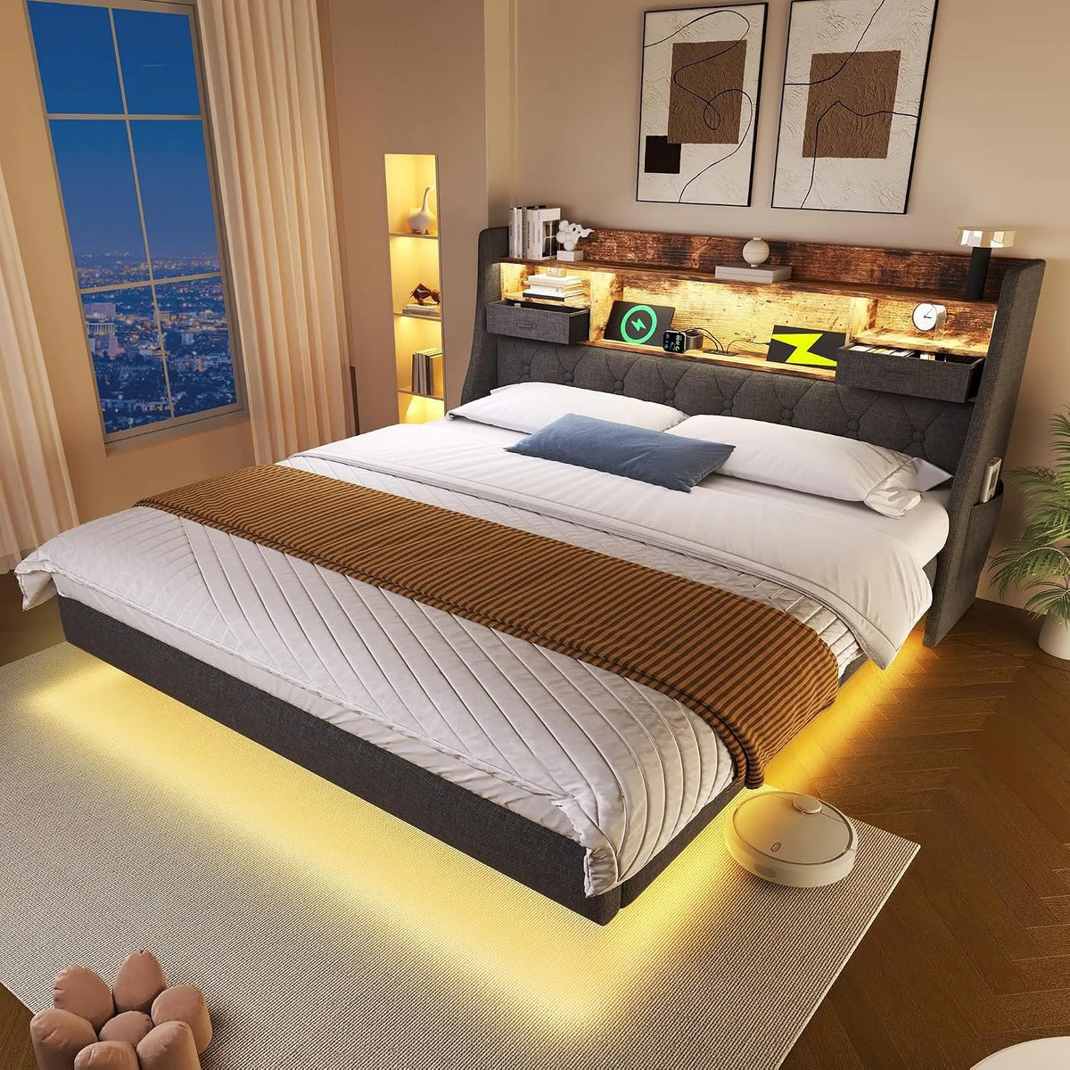 Letto imbottito e struttura letto rivestita – con porta USB, display LED, 160 × 200 cm, grigio