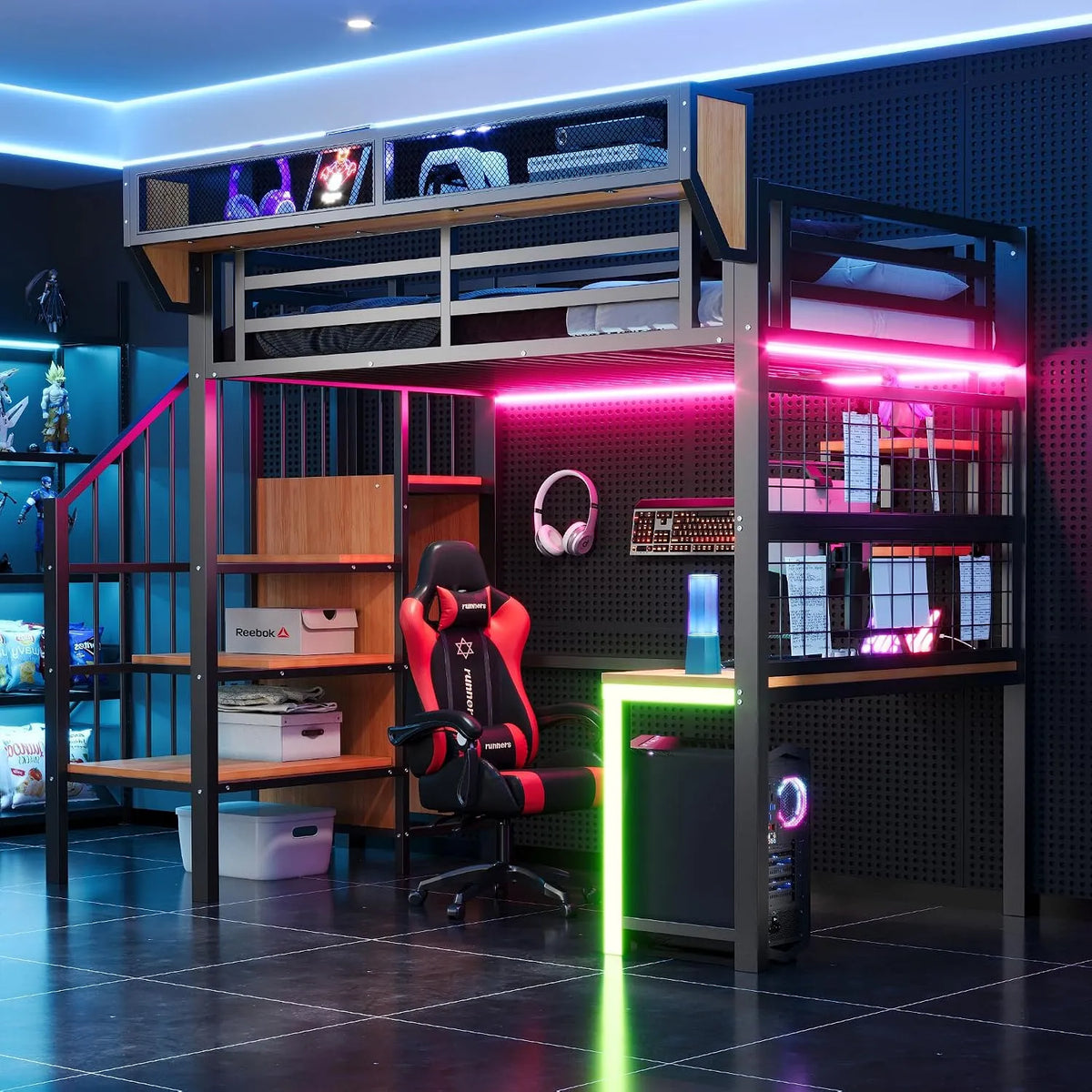 Armadio: con Scrivania e tavolo per computer, display LED, 90 × 200 cm, 191 cm, nero, in metallo, rivestimento in tessuto