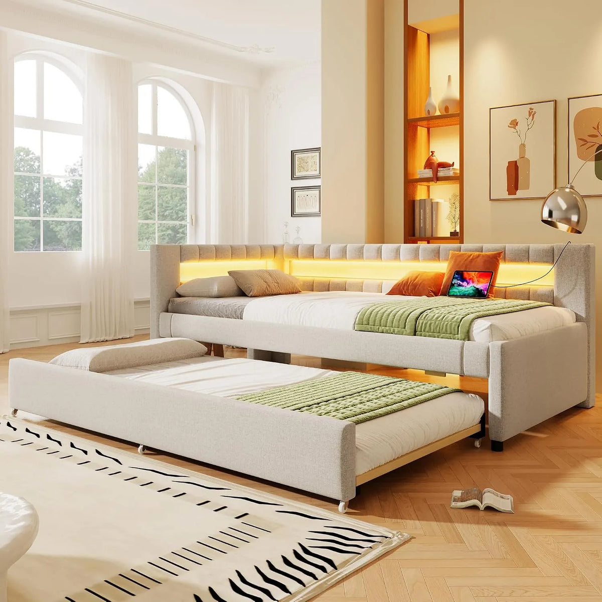 Divano letto e divano trasformabile – con porta USB, display LED, 90 × 200 cm, beige