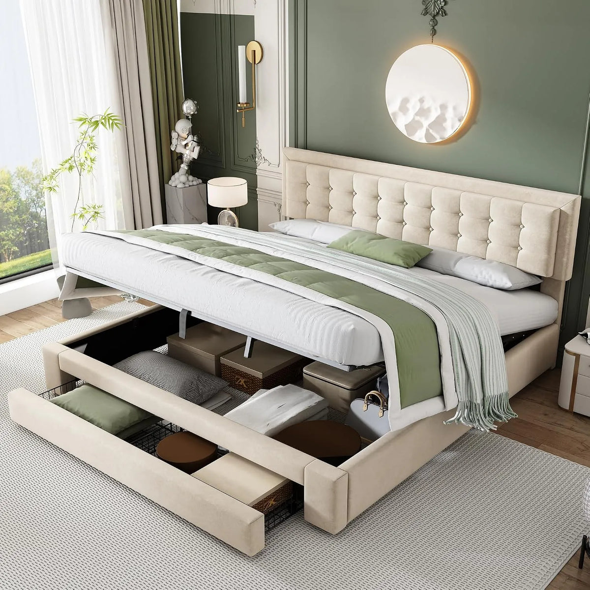 Letto imbottito e struttura letto rivestita: rivestimento in tessuto, con cassetti, 160 × 200, beige, rivestimento in velluto