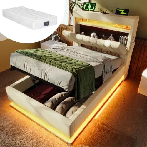 Letto imbottito e struttura letto rivestita – rivestimento in tessuto, con schienale, con porta USB, display LED, 90 × 200 cm