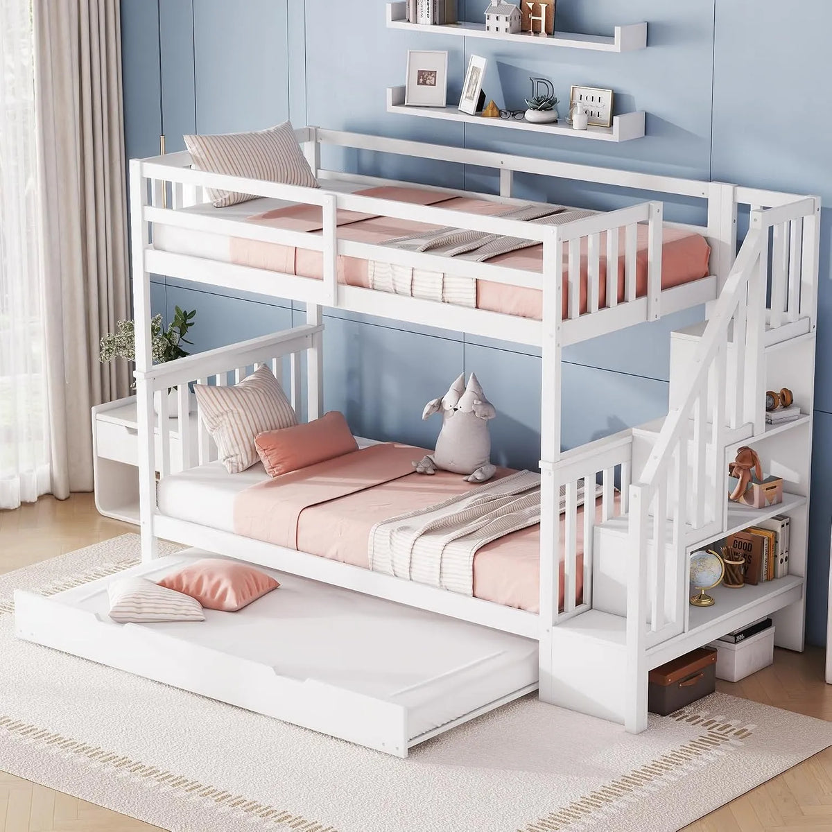 Letto a castello e letto salvaspazio – EN747-1, con scala, 140 × 200 cm, 90 × 200 cm, bianco, YESGIGA EN747-1