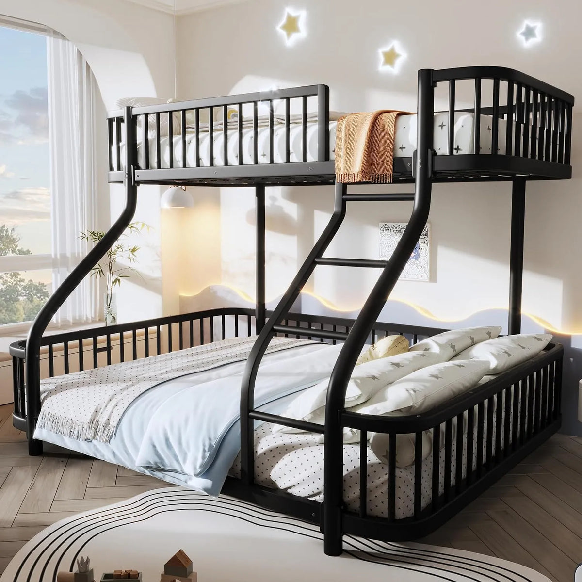 Letto a castello e letto salvaspazio – 90 × 200, 140 × 200 cm, nero, in metallo, rivestimento in tessuto