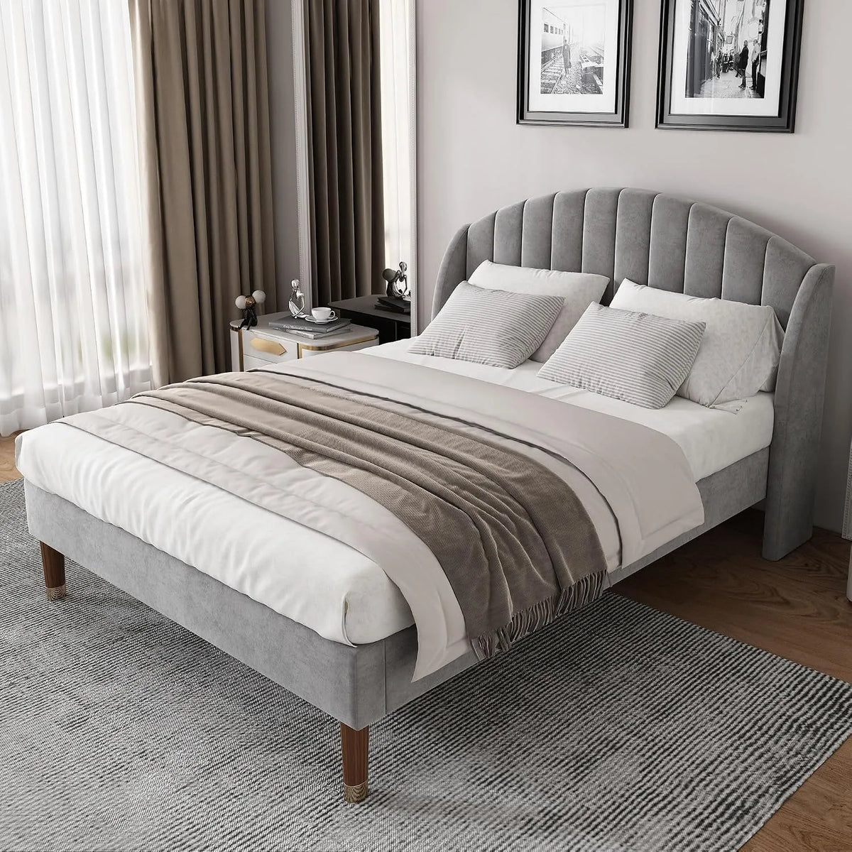 Letto imbottito e struttura letto rivestita: in legno, 160 × 200 cm, grigio, rivestimento in velluto