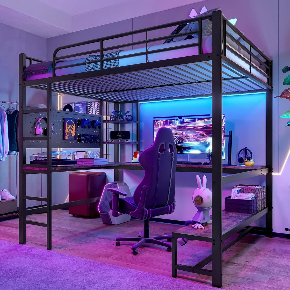 Scrivania e tavolo per computer — con scrivania, con scaletta, con porta USB, display LED, 140 × 200 cm, nero, rivestimento in tessuto
