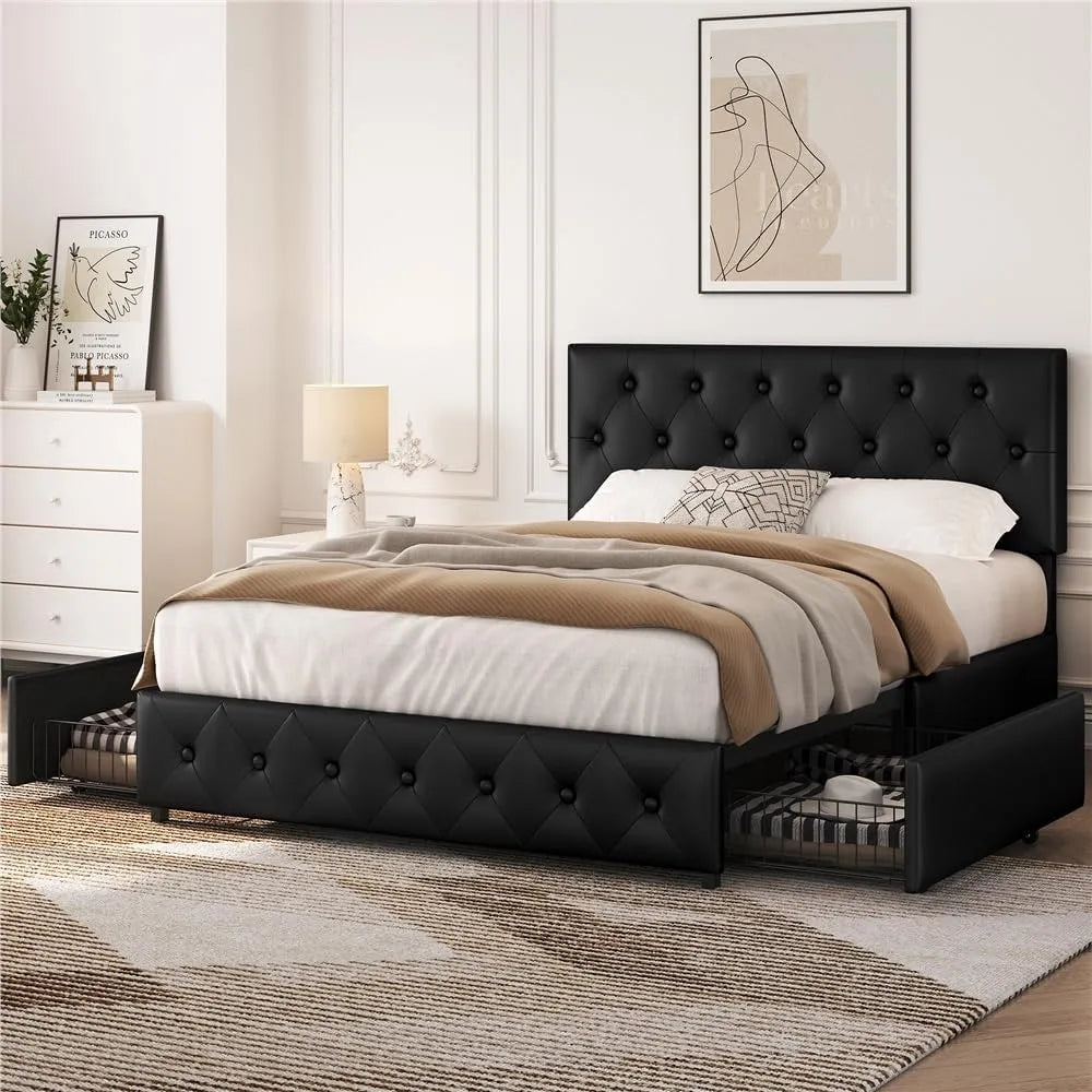 Letto imbottito e struttura letto rivestita – in legno, con contenitore, con cassetti, regolabile, 2 Cassetti, 140 × 200 cm, nero