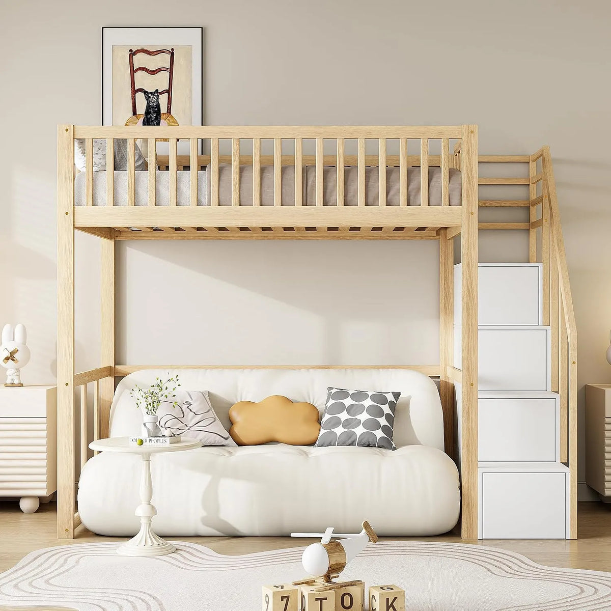 Moimhear Letto a soppalco 90x200cm con scala di sicurezza e — in legno, con contenitore, 90 × 200cm, bianco