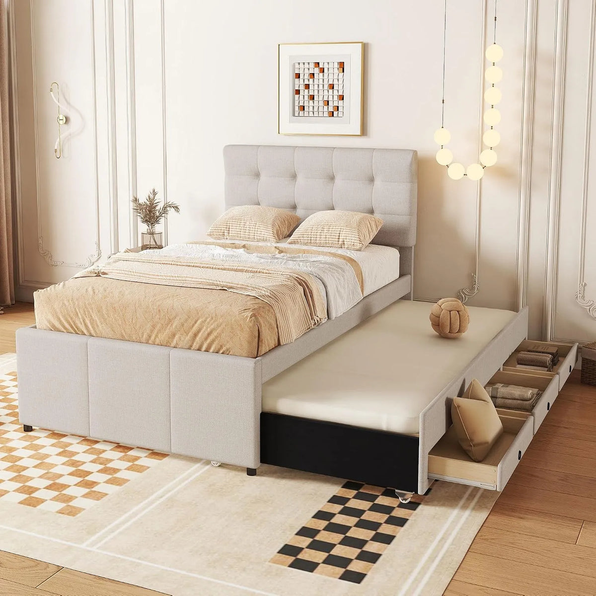 Letto imbottito e struttura letto rivestita — con cassetti, regolabile, 90 × 200 cm