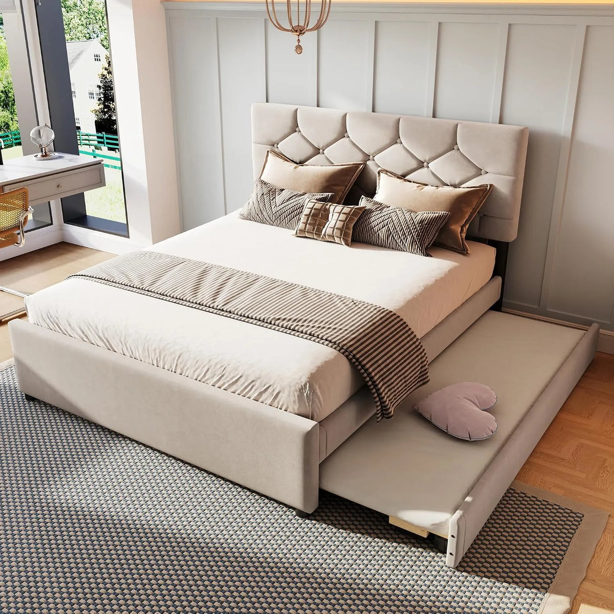 Letto imbottito e struttura letto rivestita – angolo sinistro, angolo destro, 140 × 200 cm, beige, in metallo, rivestimento in velluto