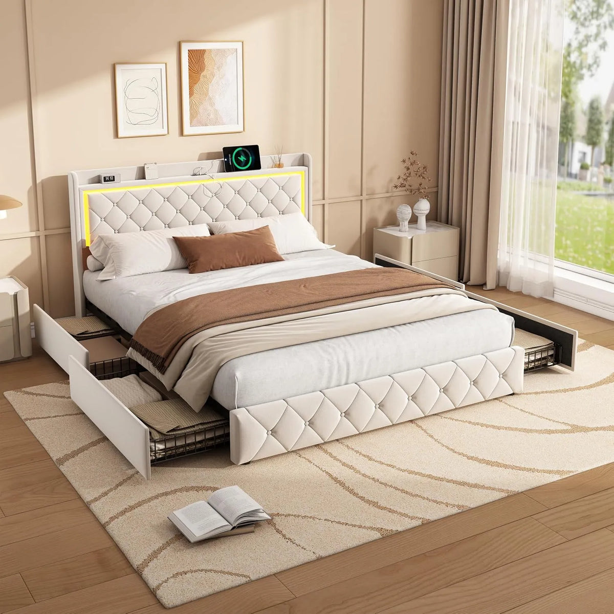 Letto matrimoniale imbottito 160x200 cm – con cassetti, con porta USB, display LED, 4 cassetti, 160 × 200 cm, rivestimento in velluto