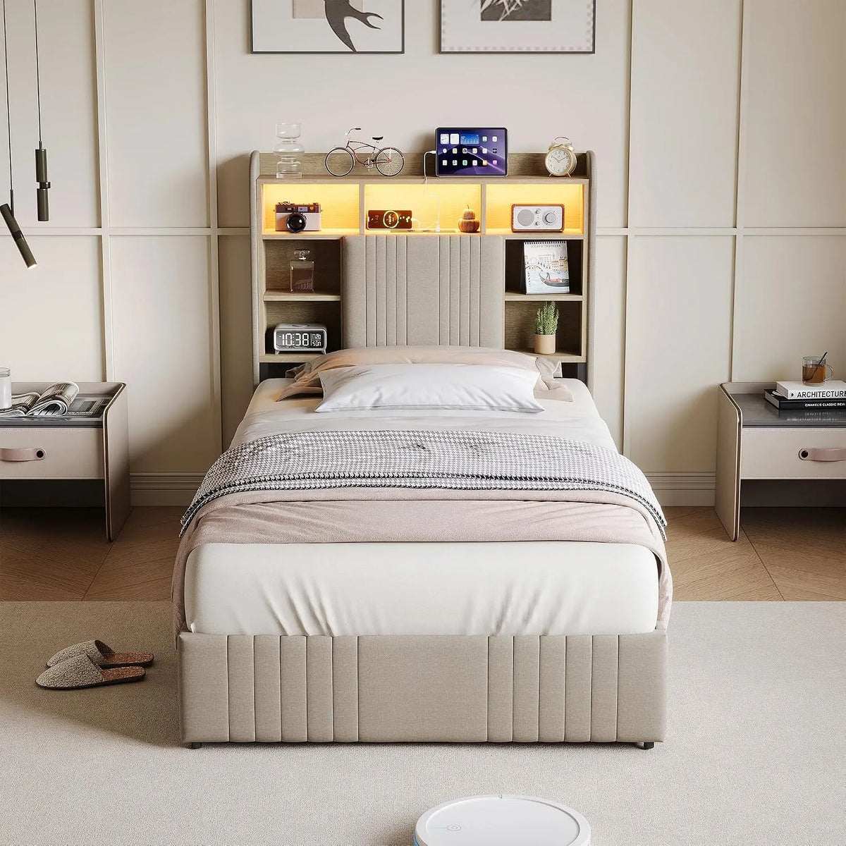 Letto matrimoniale 90x200: RGB, rivestimento in tessuto, con cassetti, con porta USB, illuminazione RGB, 2 cassetti, 90 × 200