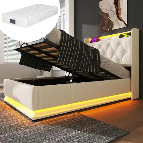 Letto imbottito e struttura letto rivestita: con schienale, con porta USB, display LED, 90 × 200 cm, bianco
