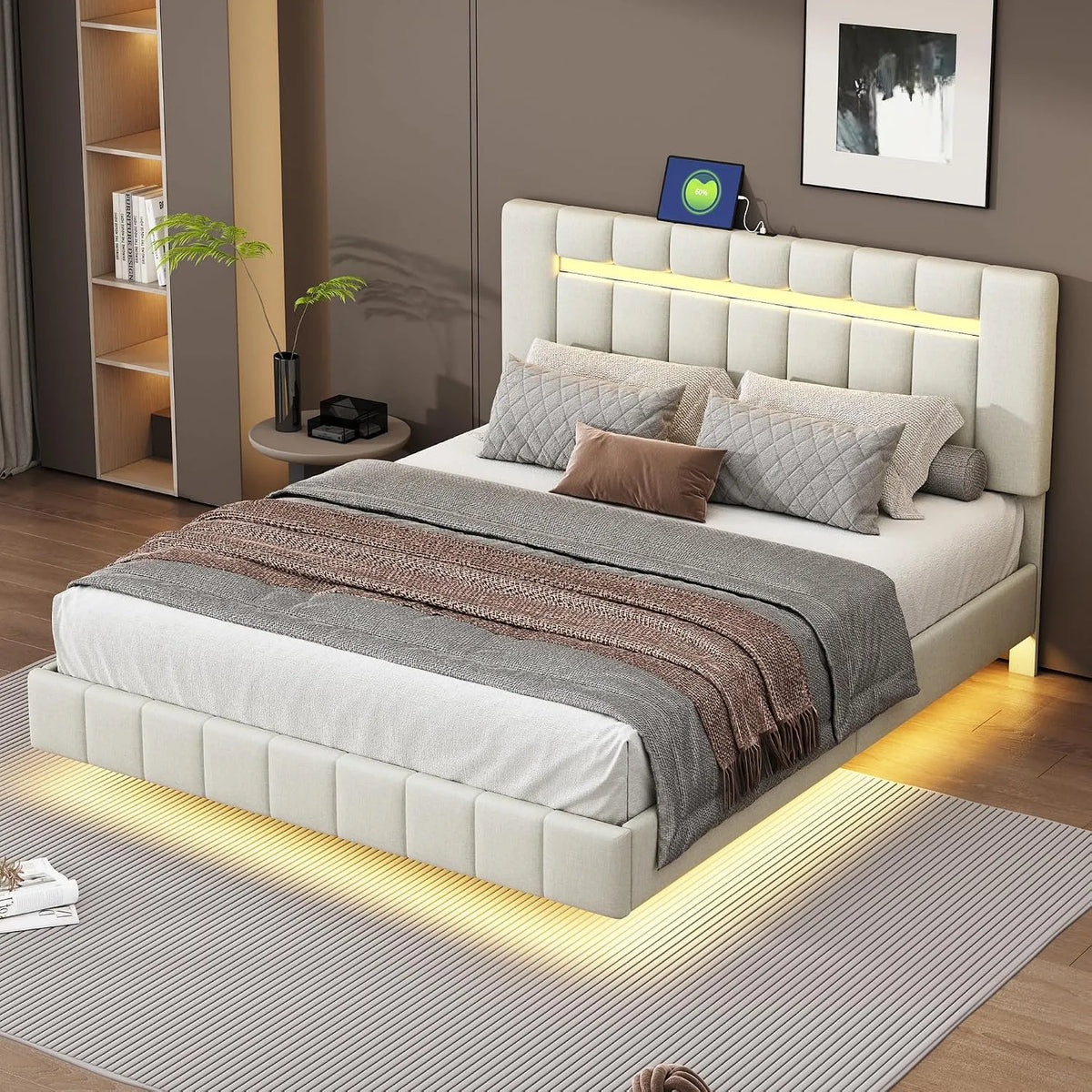 Letto imbottito e struttura letto rivestita — regolabile, 140 × 200 cm, beige, rivestimento in tessuto