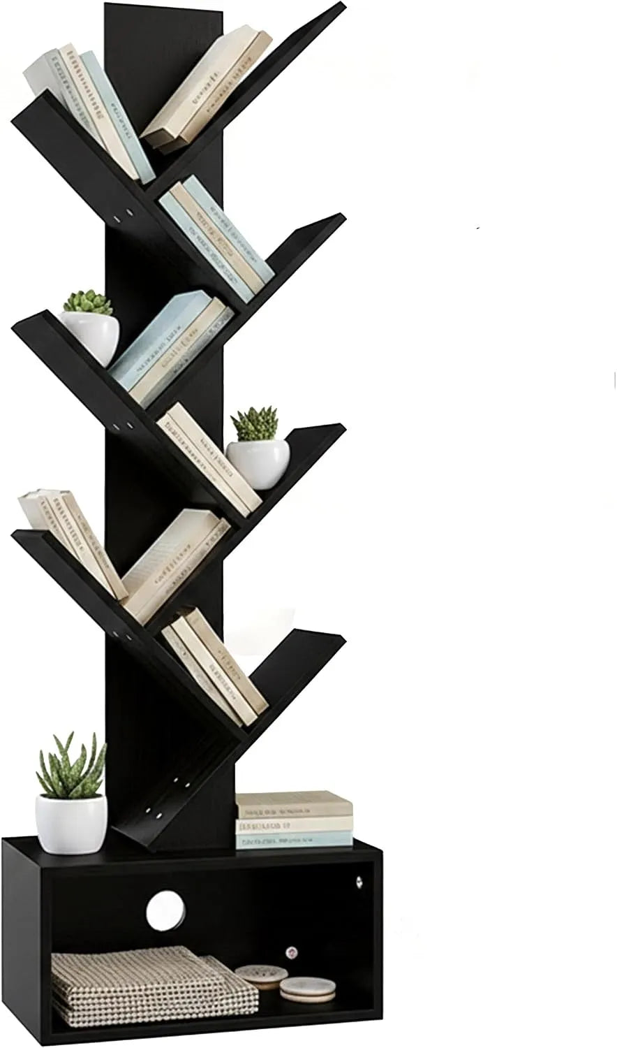 Relaxdays Libreria e scaffale contenitore a Forma d'albero – con ripiani, 6 Ripiani, 113 × 38 × 20 cm, nero