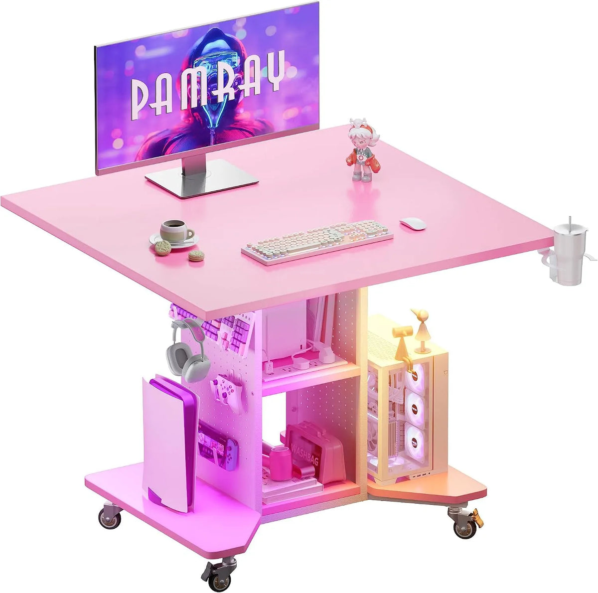 Scrivania e tavolo per computer – formato compatto, display LED, rosa