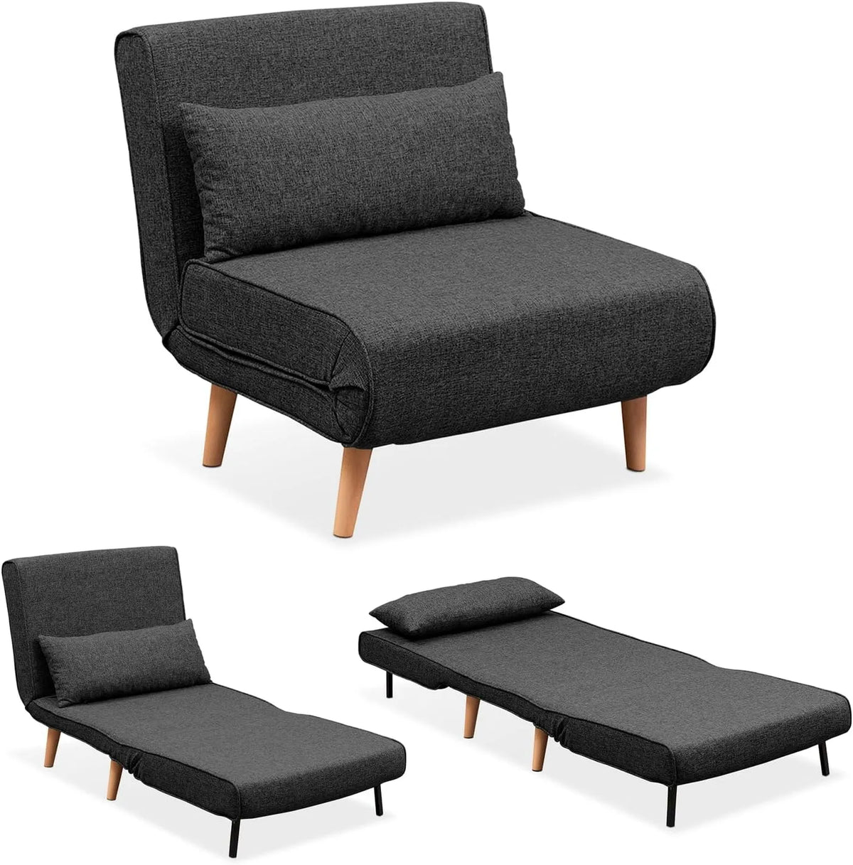 Divano – INCLUSO, rivestimento in tessuto, in legno, per piedi e gambe, con schienale, grigio, pieghevole, regolabile