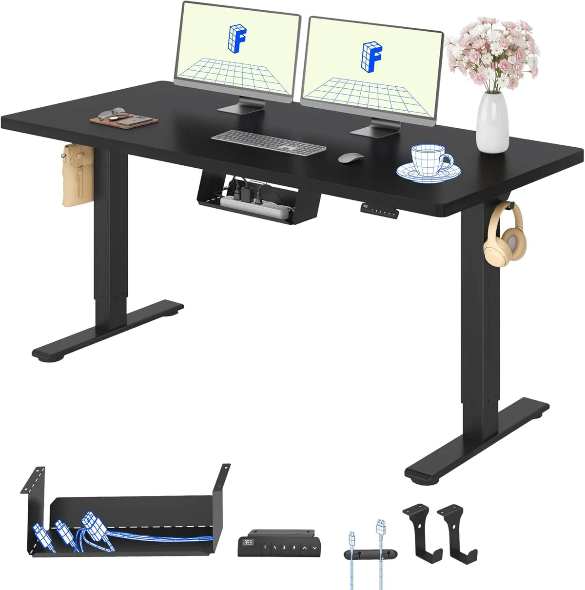 Scrivania e tavolo per computer – regolabile, 140 × 80, nero, rivestimento in tessuto