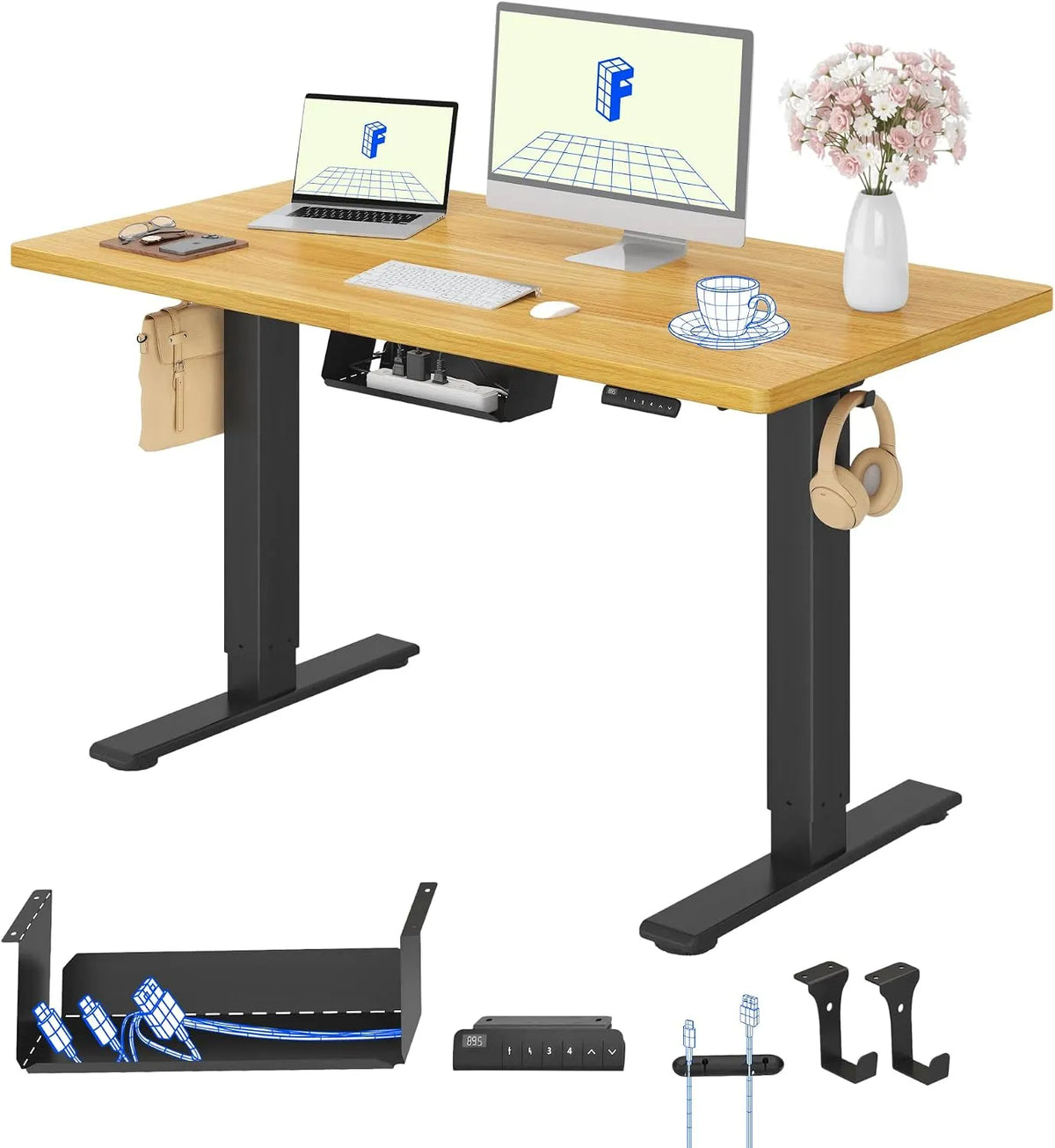 Scrivania e tavolo per computer: uso sotto la scrivania, regolabile, con display, 120 × 60 cm, 25 mm