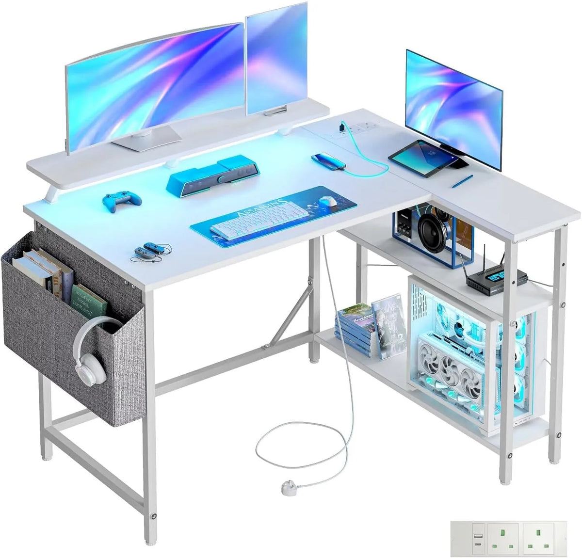 Scrivania e tavolo per computer – forma a L, con ripiani, display LED, 120 × 80 cm