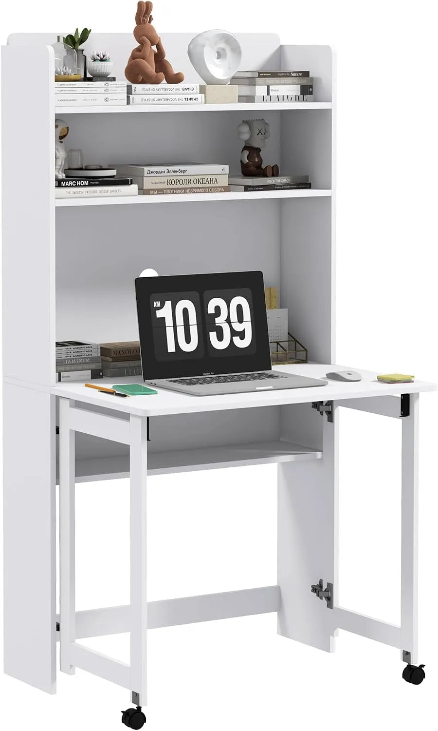 HOMCOM Scrivania e tavolo per computer: con ripiani, con scrivania, pieghevole, con ruote, 4 Ripiani, 80 × 69 × 155 cm, bianco