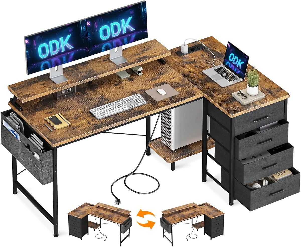 Scrivania e tavolo per computer — con cassetti, con porta USB, uso domestico, 4 Cassetti, 140 × 80cm, marrone