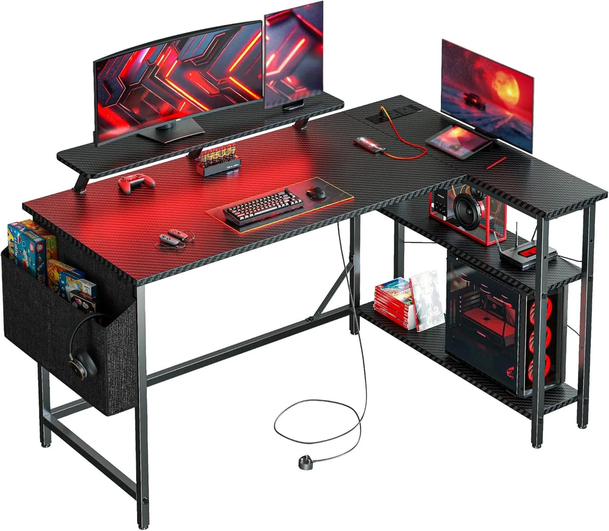 Scrivania e tavolo per computer – forma a L, con ripiani, display LED, 140 × 80 cm