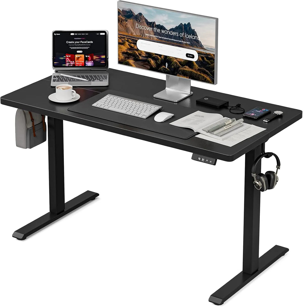 Scrivania e tavolo per computer: regolabile, 100 × 60 cm, nero