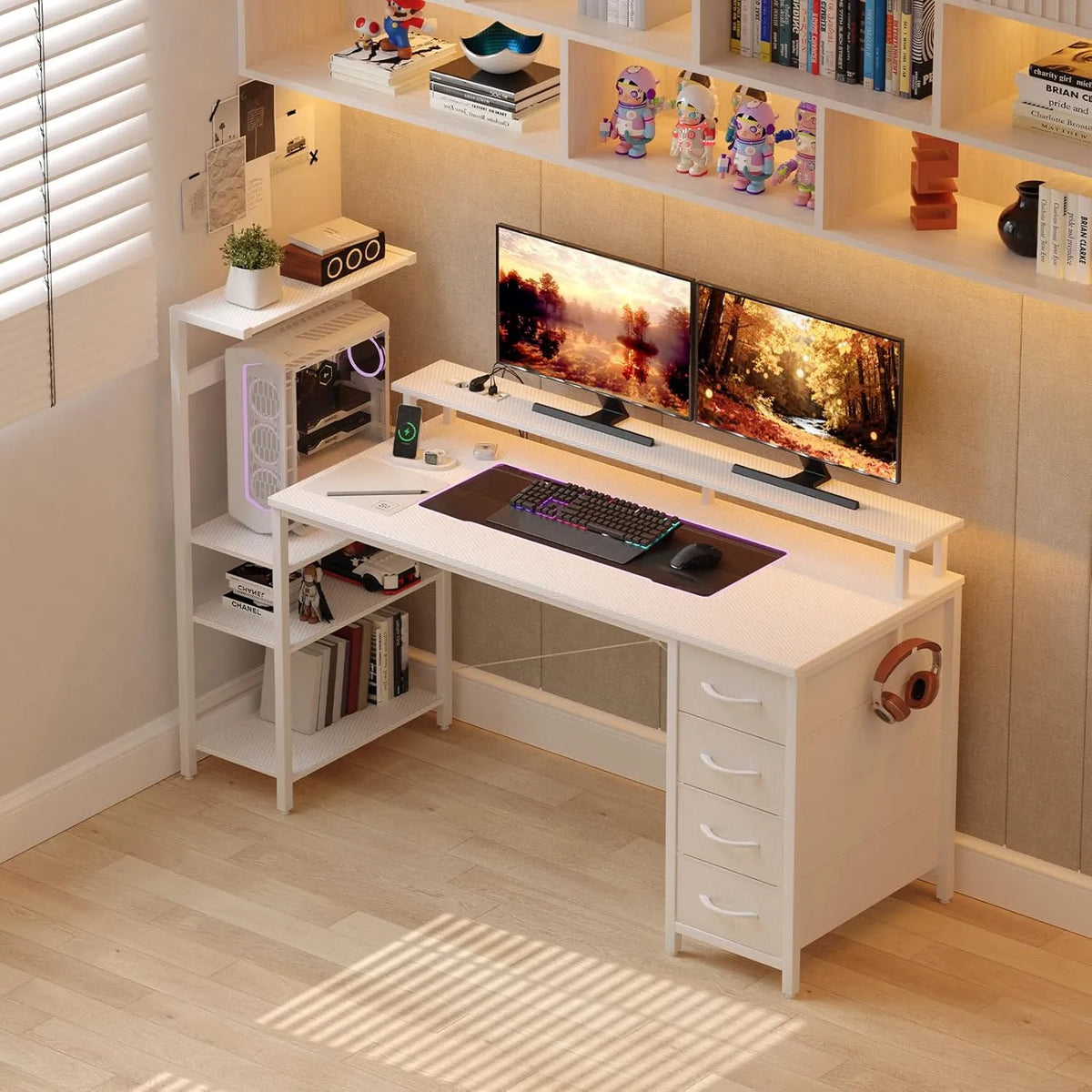 Scrivania e tavolo per computer: con cassetti, display LED, 130 × 50 cm, bianco