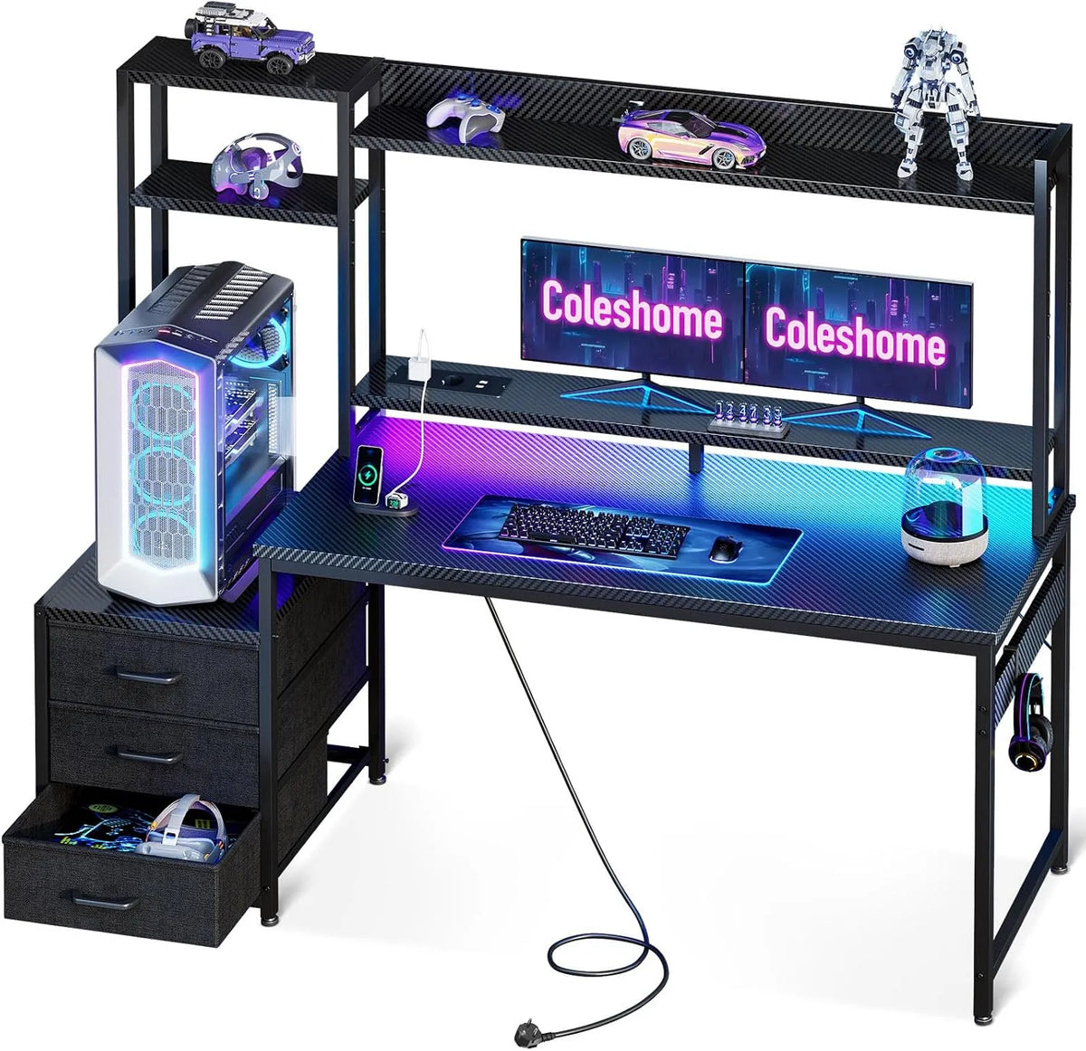 Scrivania e tavolo per computer — con cassetti, con ripiani, per gaming, display LED, 137×48 cm, nero