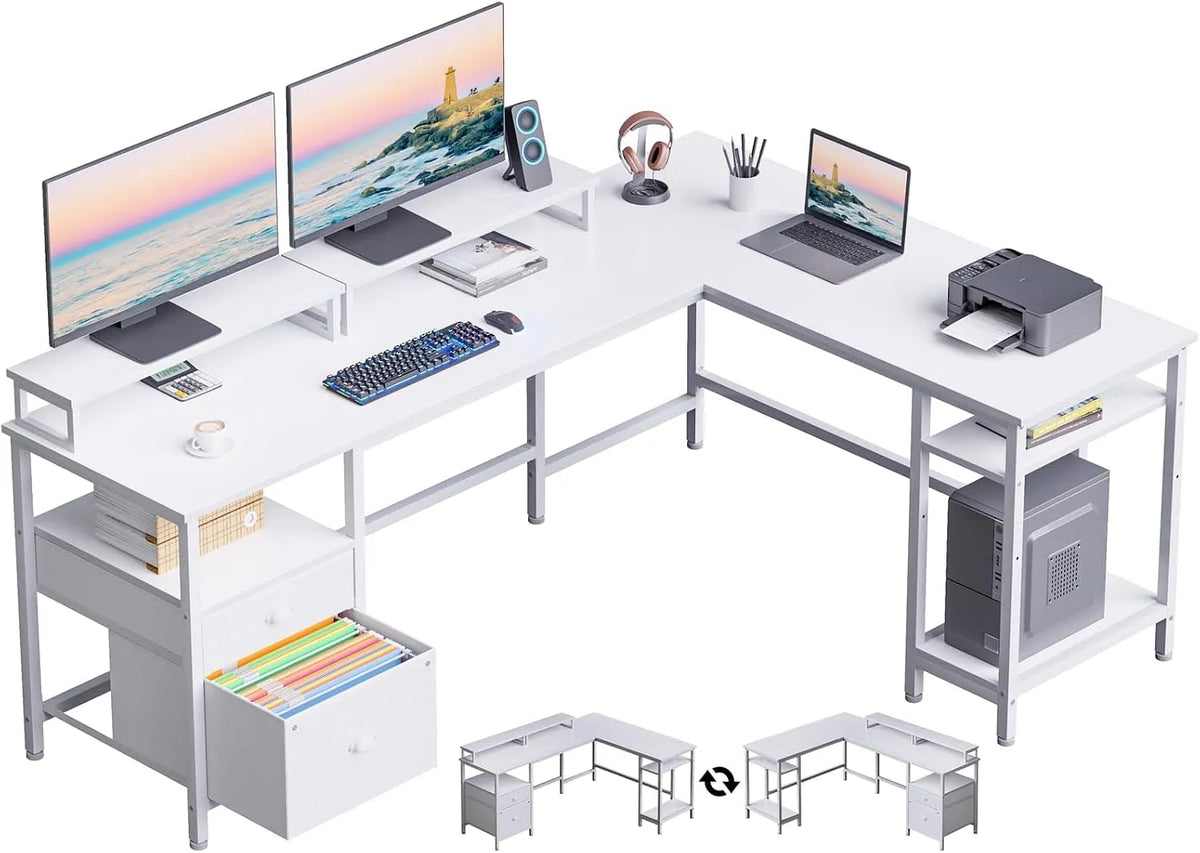 Scrivania e tavolo per computer: forma a L, con ripiani, uso domestico, 167, 6 cm, bianco, con cassetti