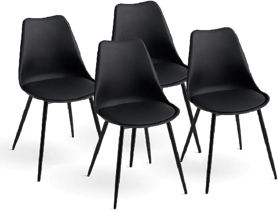 Set di 4 sedie sala da pranzo: nero, in metallo, rivestimento in pelle