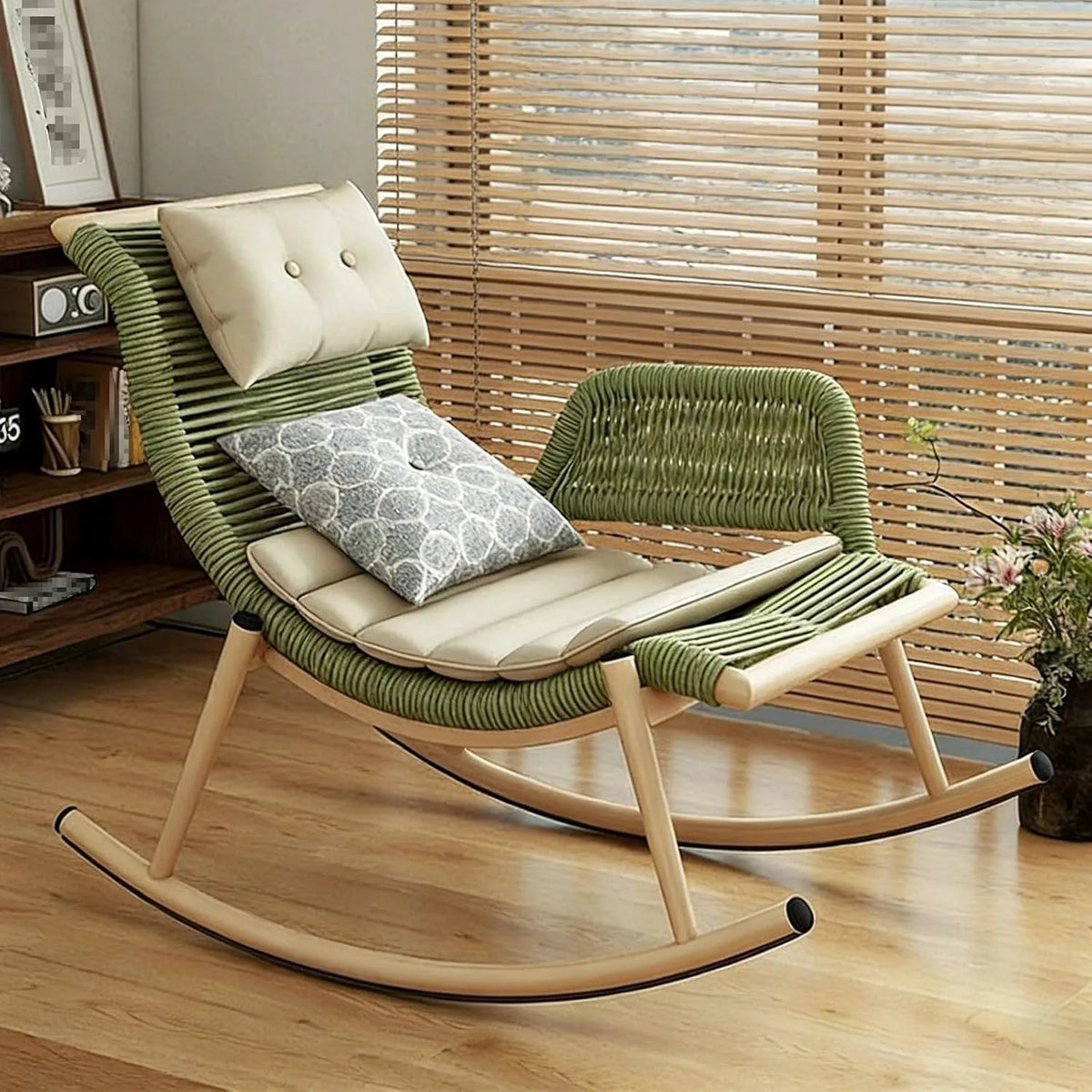 Sedia a dondolo — reclinabile, con braccioli, in polyrattan, verde