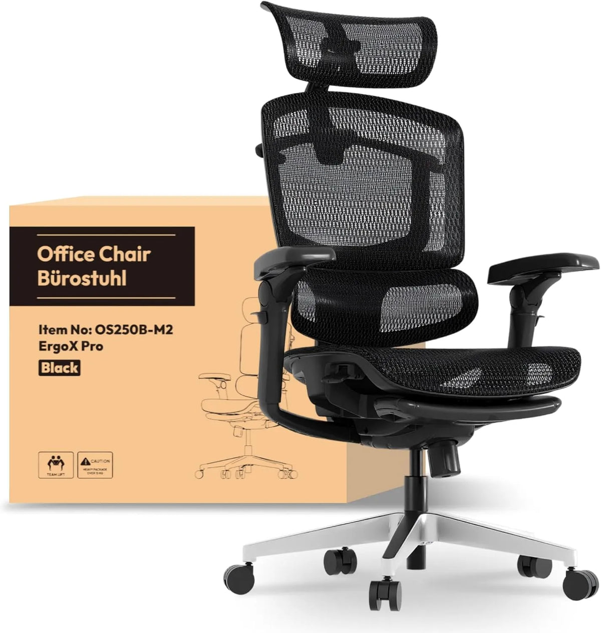 Sedia da ufficio: tecnologia 3D/4D, con braccioli, regolabile, ventilazione in rete, 12 Livelli, 250 kg, nero, altezza regolabile