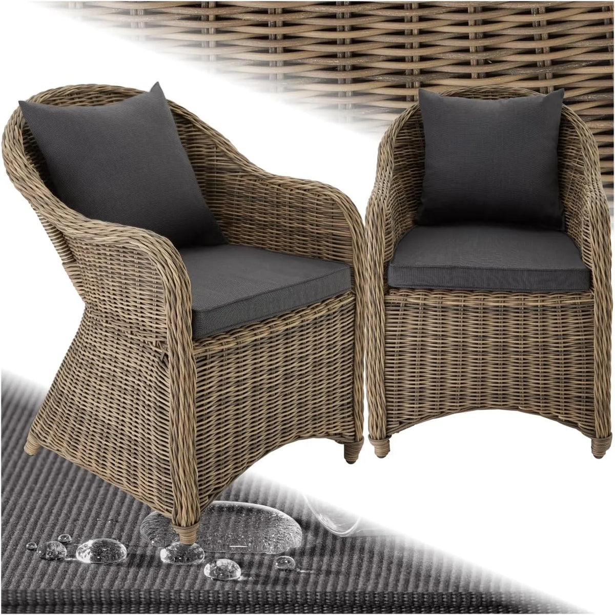 tectake ® Set Sedie Deluxe in Polyrattan — Naturale, con schienale, con cuscini, resistente alle intemperie, rivestimento in tessuto