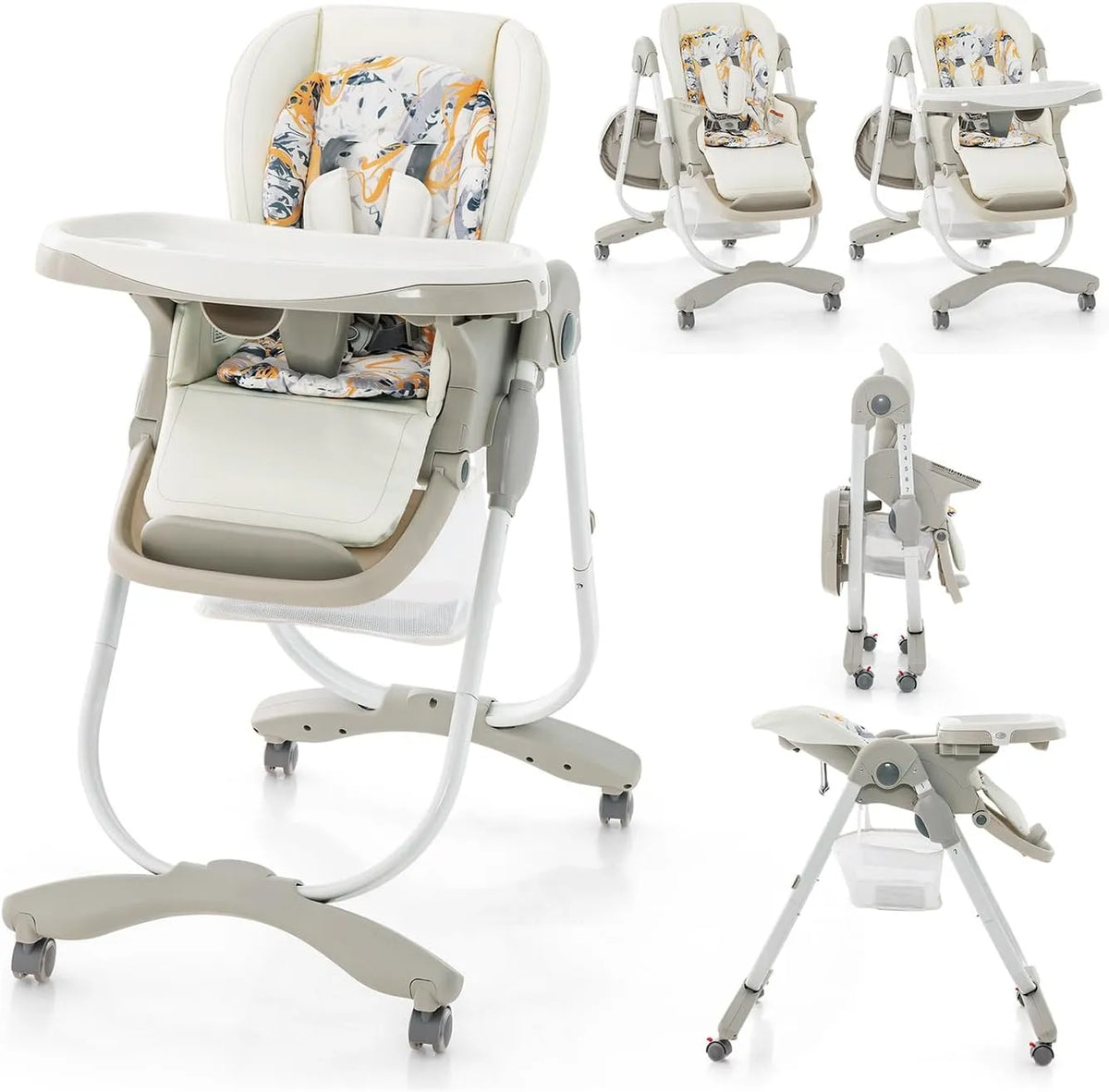 COSTWAY Seggiolone Pappa per Bambini e Neonati – con schienale, pieghevole, regolabile, con ruote, bianco, altezza regolabile