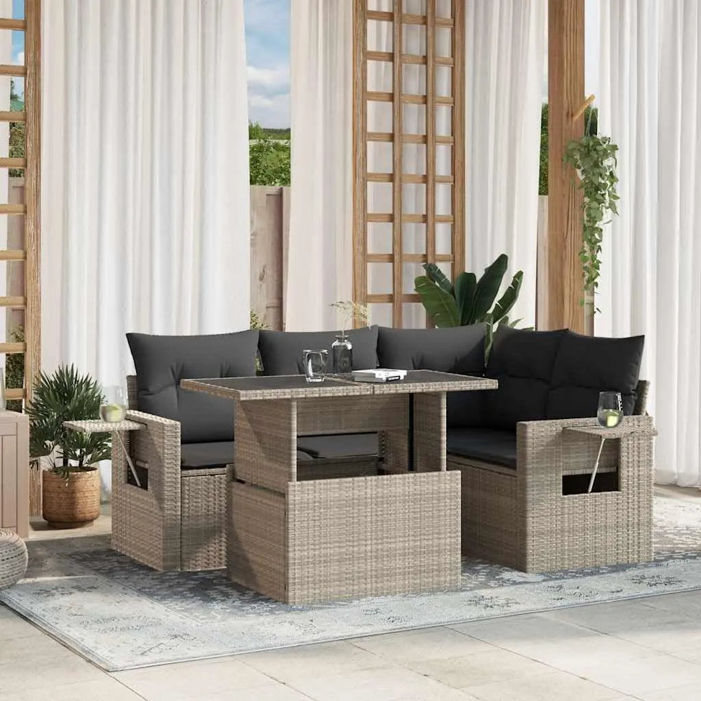 Set di 5 divani da giardino con cuscino grigio chiaro — modulare, con ripiani, in polyrattan, regolabile