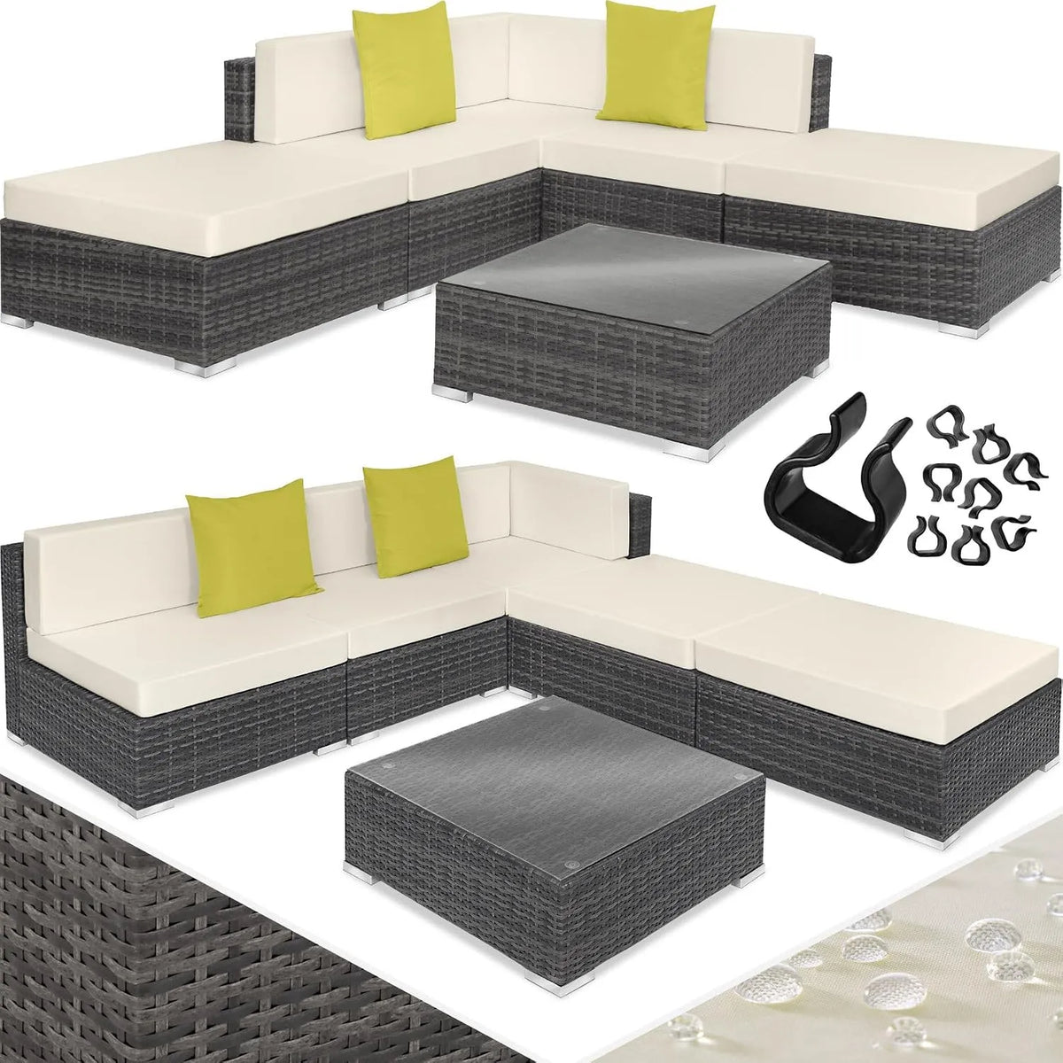 tectake Tavolino da salotto e tavolo basso – con cuscini, in polyrattan, in alluminio, grigio, rivestimento in tessuto